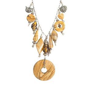 Sterling 925 Flower Fish Fetish Charm Jasper Necklace Silver Dangle 32"